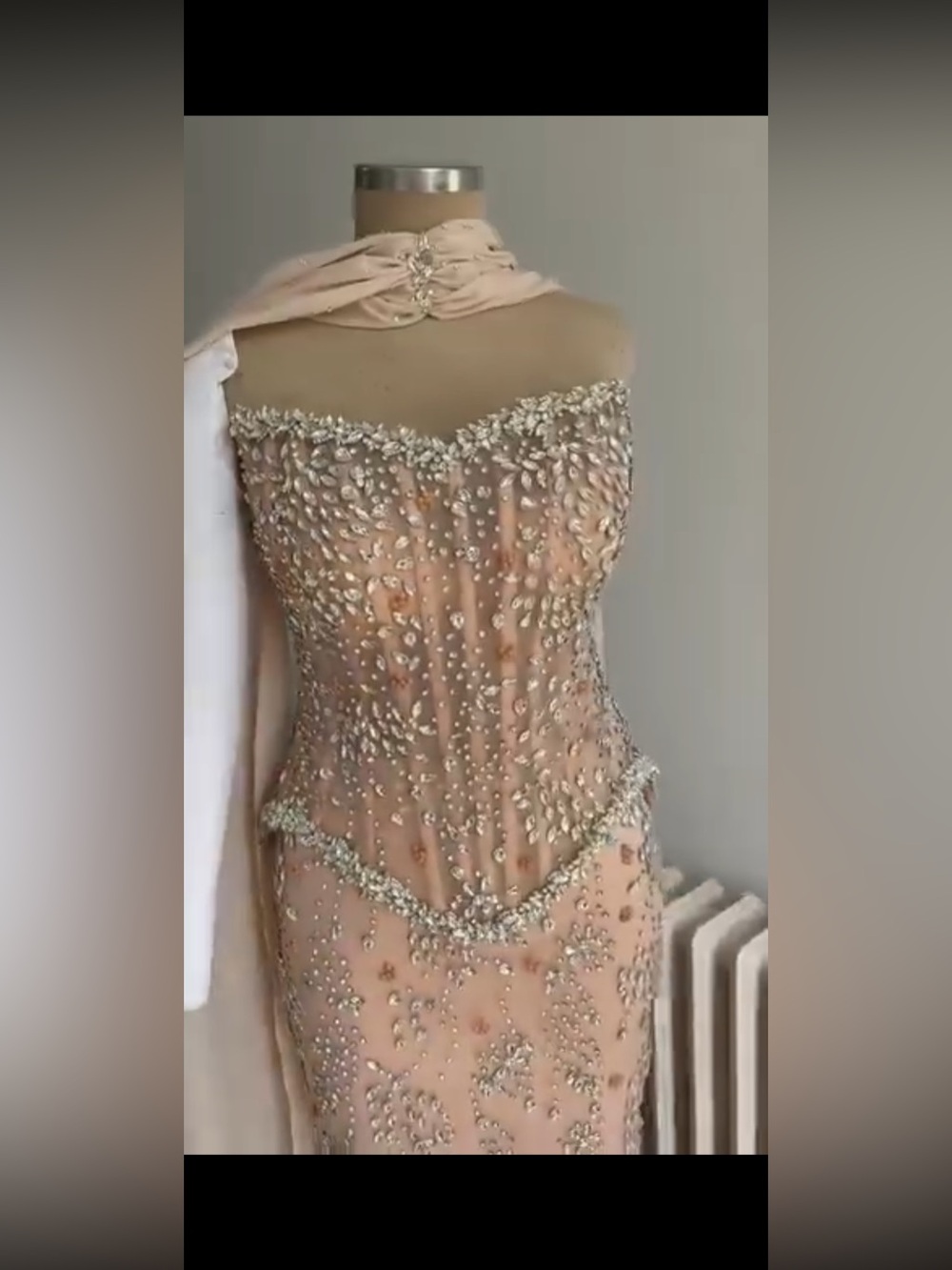 Embellished Strapless Evening Gown in nude cream